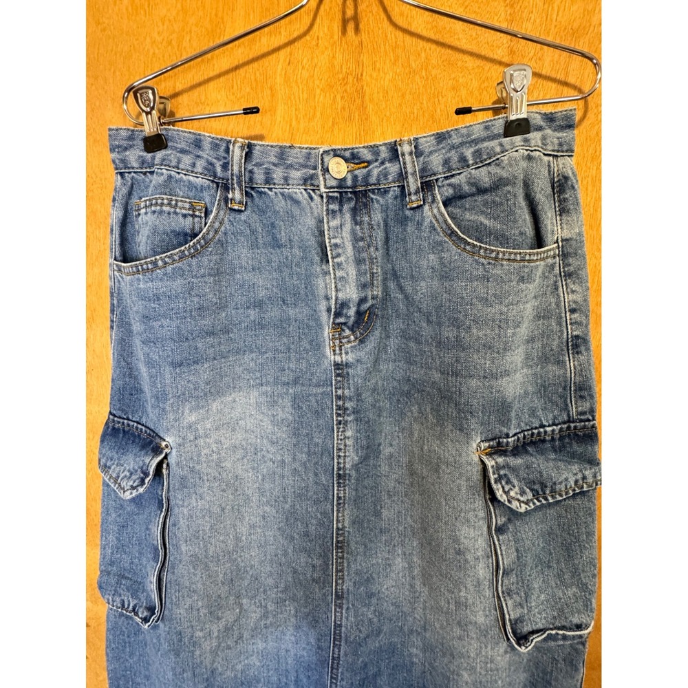Forever 21 Womens Jean Cargo Denim Maxi Skirt Large Utility Pockets Back Slit - Picture 4 of 12